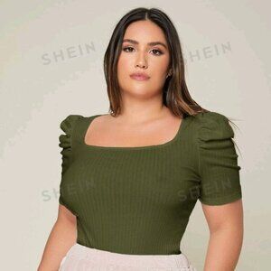 SHEIN Prive' Plus Ribbed Knit Scoop Neck Puff Sleeve Tee